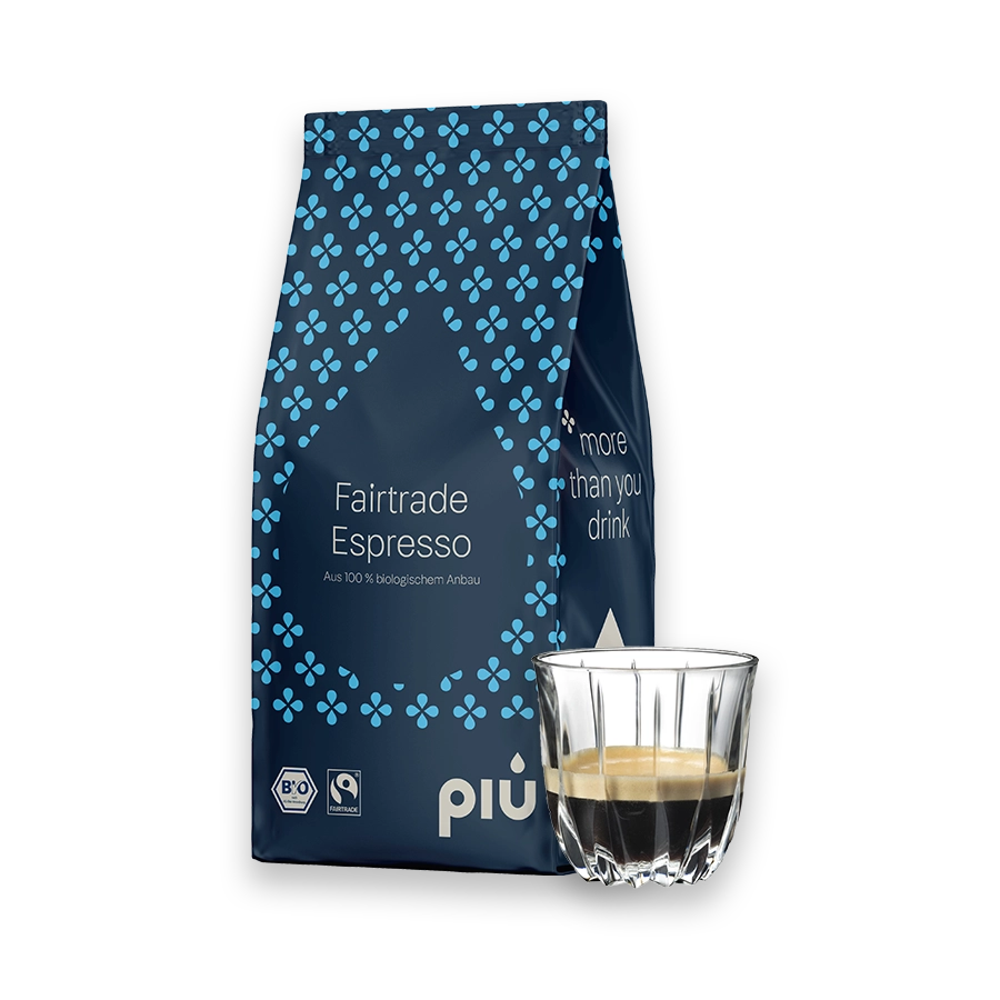 piu Fairtrade Espresso in der Aktion. Beim Kauf von 12 kg Fairtrade Espresso gibt es ein Riedel Espressoglas kostenlos dazu.