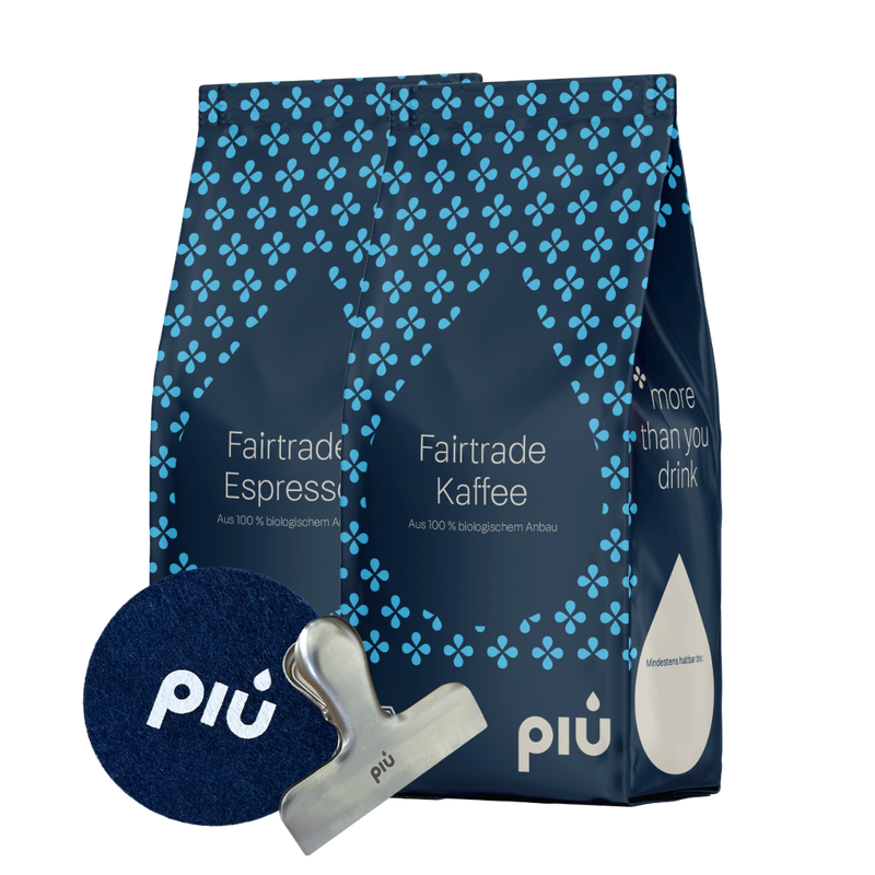 Probierset piu Fairtrade Kaffee und Espresso inklusive piu Filzuntersetzer in deep water blue und dem piu Kaffeeclip