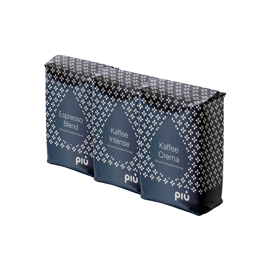 Kaffee & Espresso Probierset. 3 verschiedene Kaffeesorten und Espressosorten. Ganze Bohnen. Je 250g. Von der Marke piu. piu Premium Kaffee Crema, piu Premium Kaffee Intense, piu Premium Espresso Blend