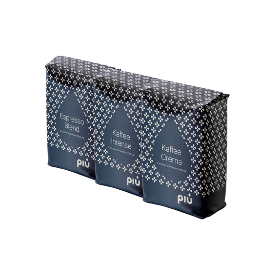 Kaffee & Espresso Probierset. 3 verschiedene Kaffeesorten und Espressosorten. Ganze Bohnen. Je 250g. Von der Marke piu. piu Premium Kaffee Crema, piu Premium Kaffee Intense, piu Premium Espresso Blend