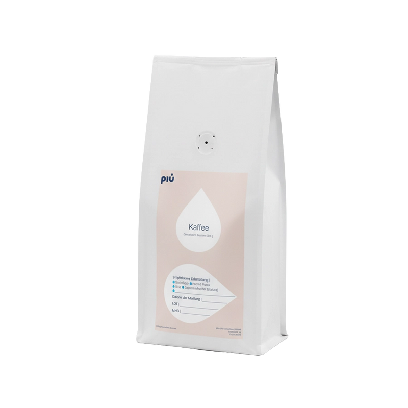 piu Basic Kaffee gemahlen. Individueller Mahlgrad. Im Standbodenbeutel 500g.
