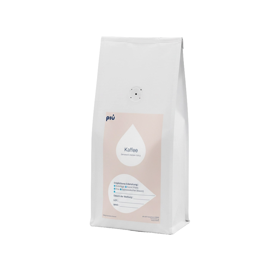 piu Basic Kaffee gemahlen. Individueller Mahlgrad. Im Standbodenbeutel 500g.