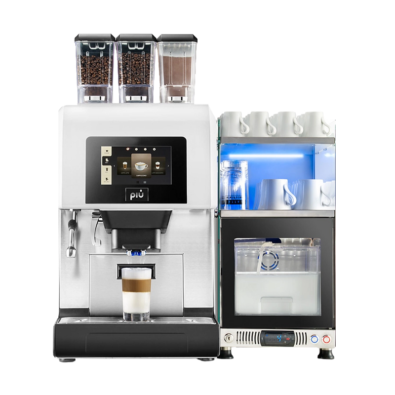 Kaffeevollautomat mit Frischmilch für große Firmen und die Gastronomie. Kaffeegenuss mit der piu600 Plus in weiß.