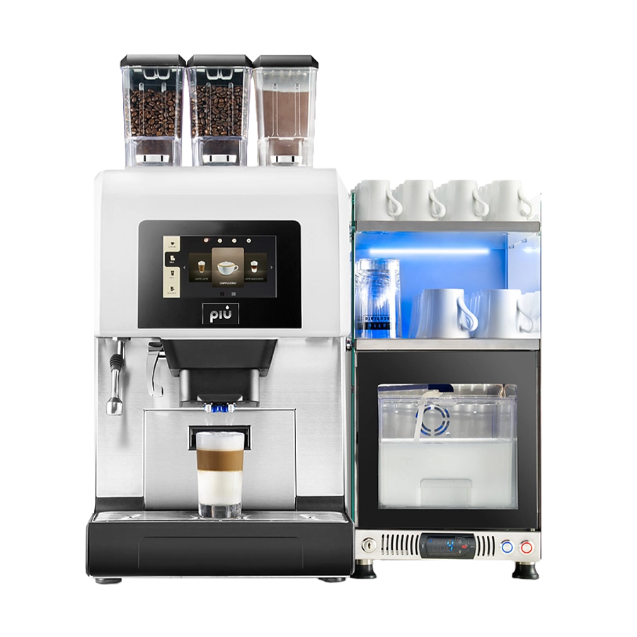 Kaffeevollautomat mit Frischmilch für große Firmen und die Gastronomie. Kaffeegenuss mit der piu600 Plus in weiß.