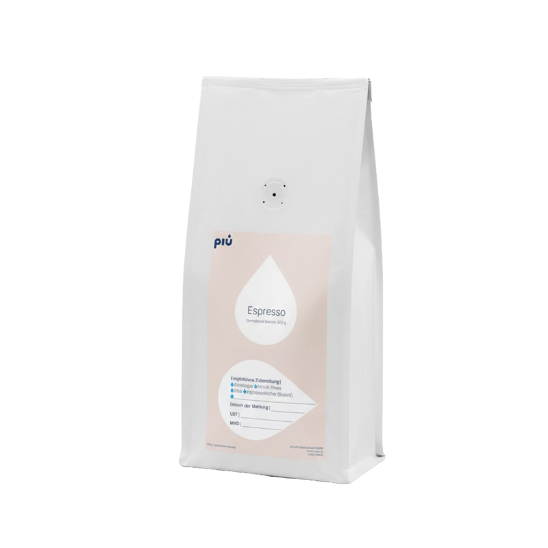 piu Basic Espresso gemahlen. Gemahlene Bohnen im Standbodenbeutel weiß. 500g.