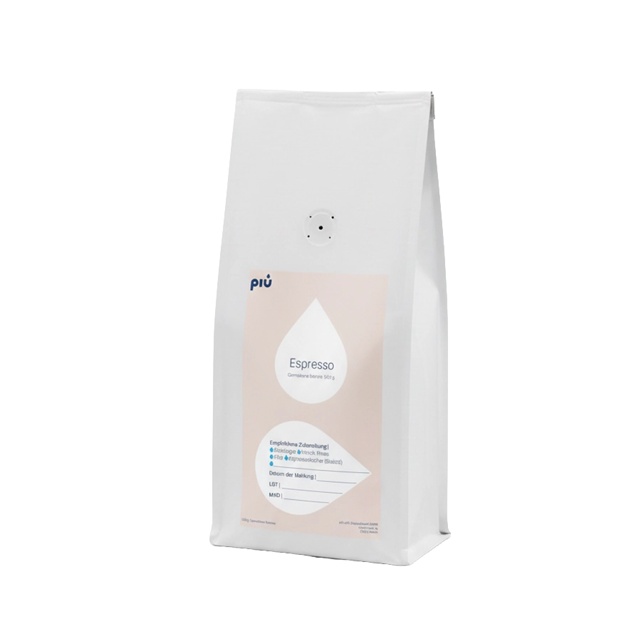 piu Basic Espresso gemahlen. Gemahlene Bohnen im Standbodenbeutel weiß. 500g.
