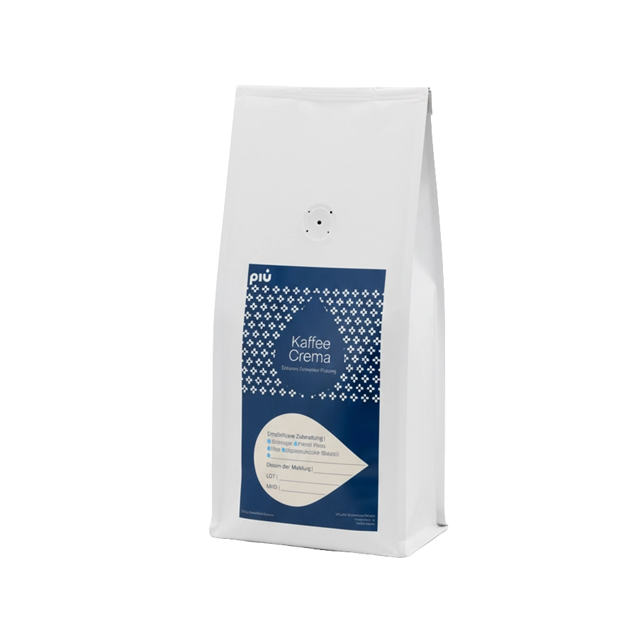 piu Premium Kaffee Crema gemahlen im weißen Standbeutel. Gemahlen und von Hand verpackt.