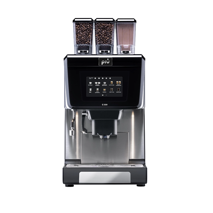 piu G500. Professioneller Kaffeevollautomat mit Frischmilch und zwei Mühlen und Instant Schoko.