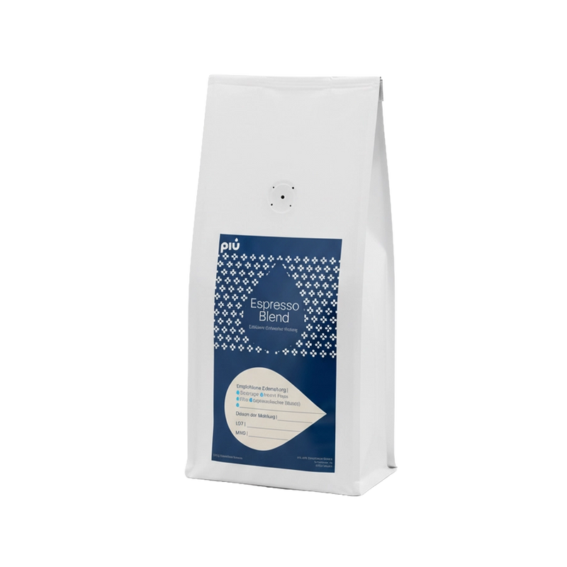 piu Premium Espresso Blend gemahlen. Individuell gemahlen für den Genuss in der Firma oder zu Hause. 2 x 500g Standbeutel.