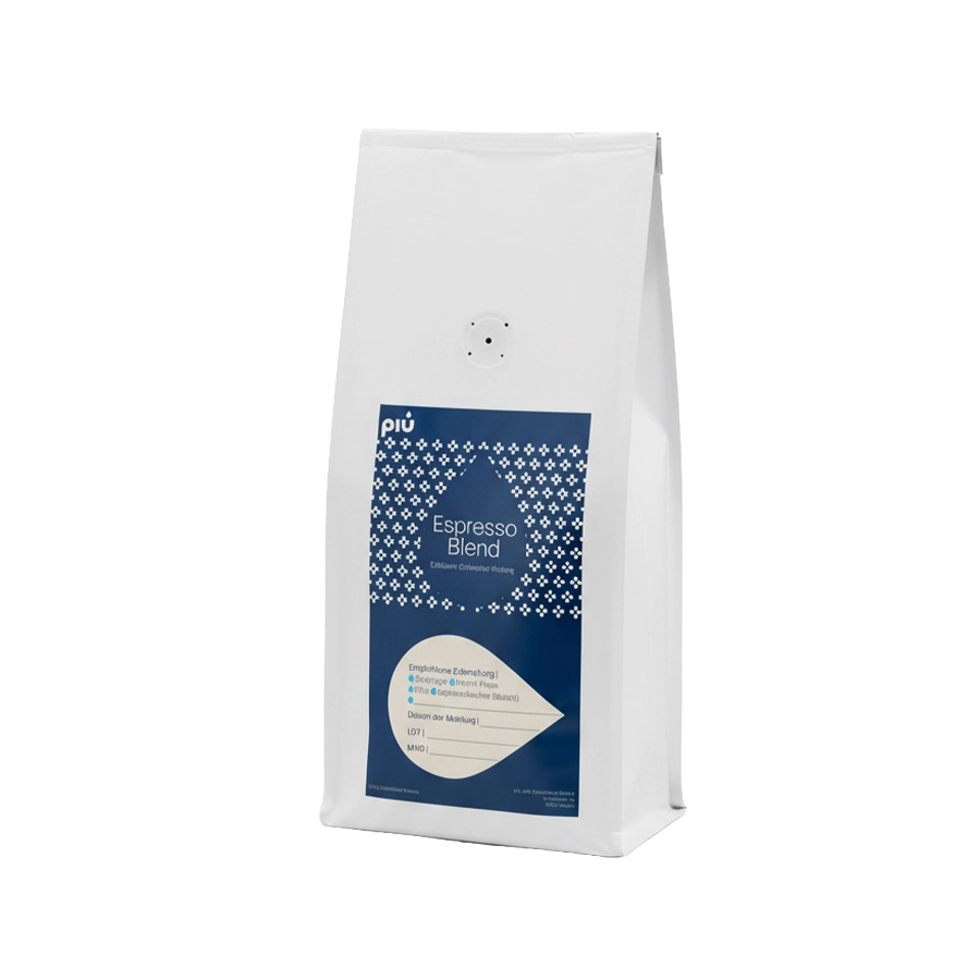 piu Premium Espresso Blend gemahlen. Individuell gemahlen für den Genuss in der Firma oder zu Hause. 2 x 500g Standbeutel.