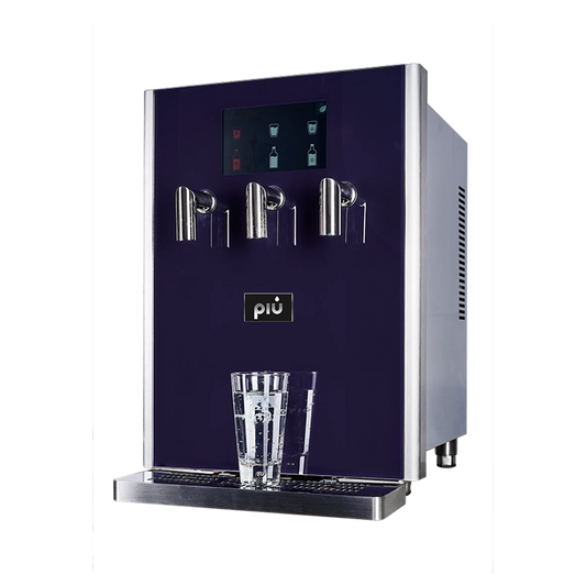 Tafelwasseranlage piu aqua 601. Blaues gehärtes Glas & Touchscreen.