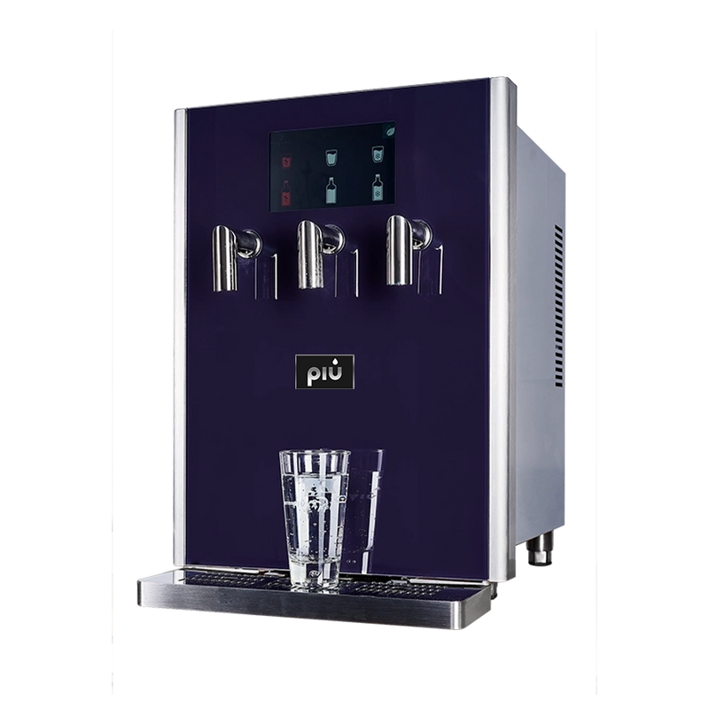 Tafelwasseranlage piu aqua 601. Blaues gehärtes Glas & Touchscreen.