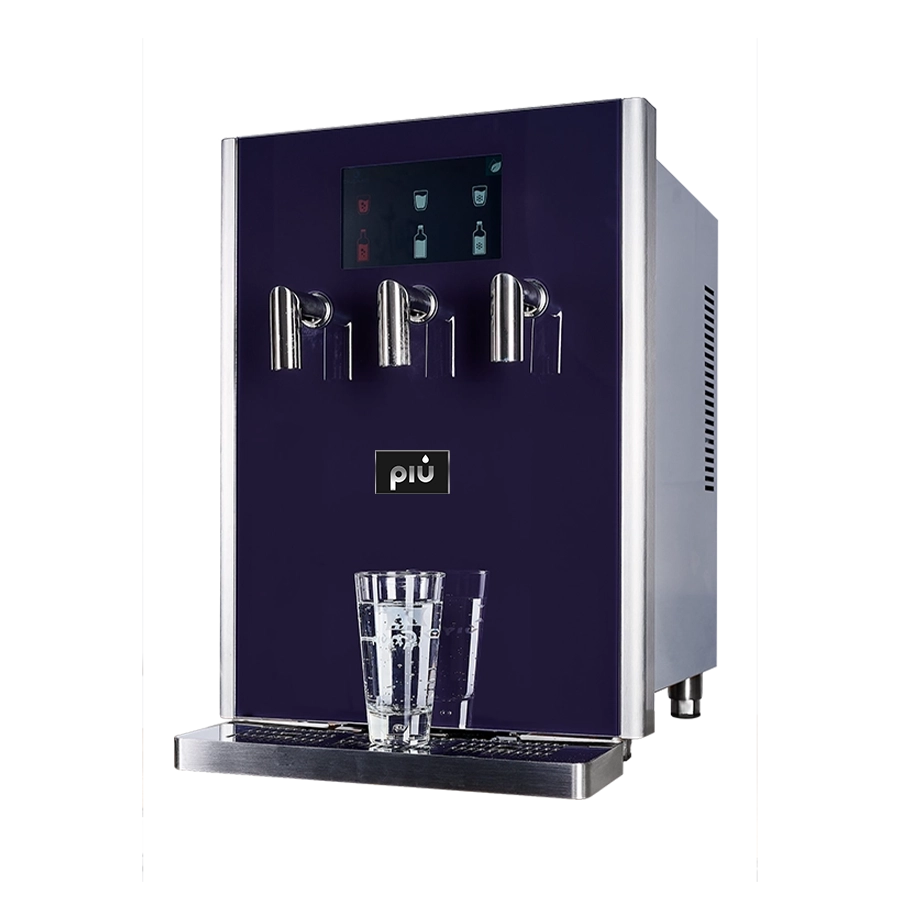 Tafelwasseranlage piu aqua 601. Blaues gehärtes Glas & Touchscreen.