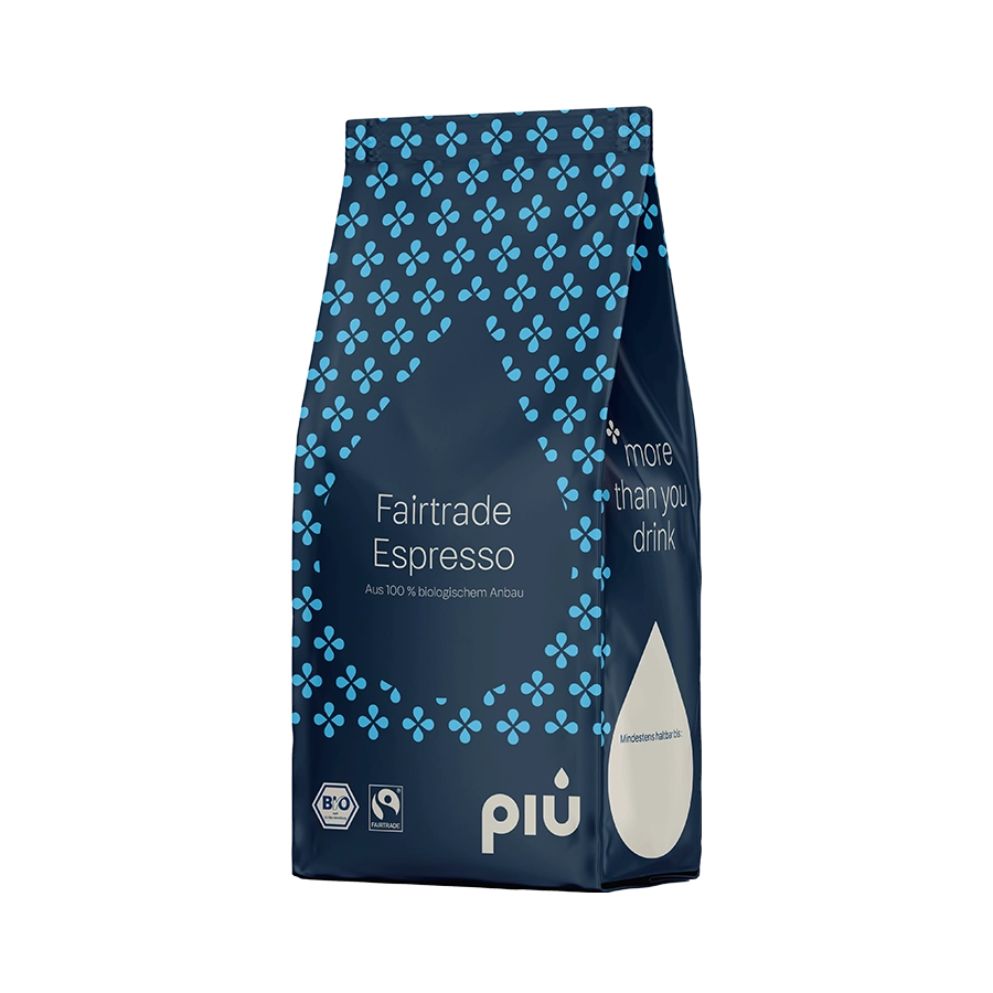 piu Fairtrade Espresso aus 100 % biologischem Anbau. Im 1-Kilo-Beutel.